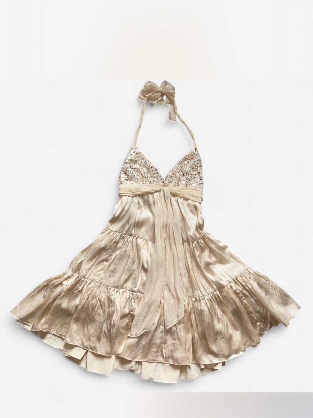 BCBGMaxAzria Champagne Sequin Halter Tiered Satin Dress